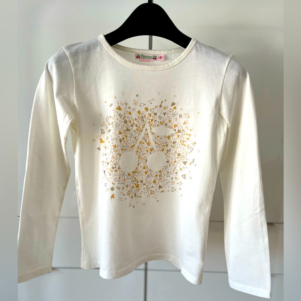 Bonpoint Cream Long Sleeve Tee with Gold Heart Skull Print